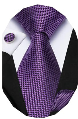 Dubulle Mens Black Purple Striped Tie Woven Necktie for Men and Handkerchief Cufflinks Set Wedding Formal Business