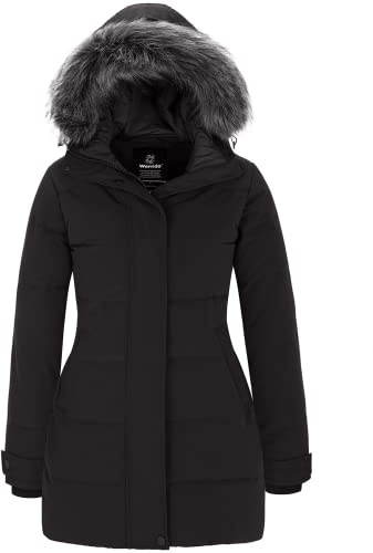 Wantdo Cappotto Donna Invernale Caldo Grande Taglie Giubbotto Imbottito con Cappoccio Impermeabile Antivento Lungo Parka per Esterno Nero S