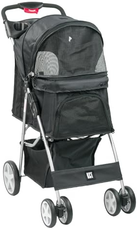 KCT Hooded Foldable Pet Dog Cat Stroller Black- 4 Wheel Travel Carriage with Safety Leash, Canopy, Cup Holder, Storage Tray