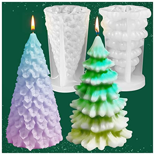 3D Christmas Tree Candle Mold, 2 Pcs Silicone Mold for Candle Making, Xmas Handmade Candle Making Mould, DIY Craft Resin Mold for Fondant Cake, Aromatherapy Candle, Chocolate, Soap, Candy