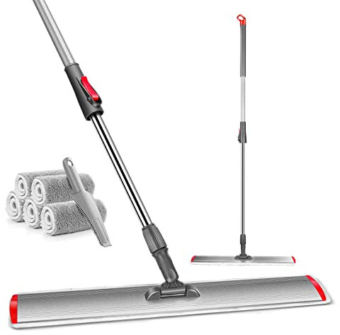 Myiosus Balai à franges professionnel en microfibre de 60 cm avec 5 tampons réutilisables, manche en acier inoxydable de 137 cm, pour le bois dur, le nettoyage du carrelage, envoyez 1 raclette