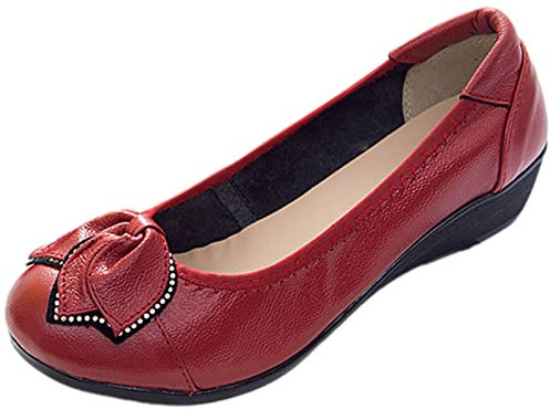 Jamron Women Genuine Leather Comfort Shoes Soft Sole Ballerinas Low Wedge Heel Slippers Burgundy SN070358 UK6