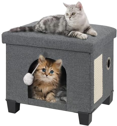 BRIAN & DANY Katzenhöhle, Leinen Katzenhaus Höhle für Katzen mit Kratzbrett und Spielball, 45 x 37.5 x 38 cm, Dunkel Grau