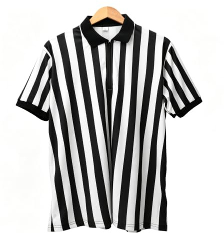 Yuehuamech Herr Officiella Umpire Jersey Pro Ref Officierande Domare Skjorta Svart och Vit Rand Dragkedja Välvd Krage för Basket och Fotboll