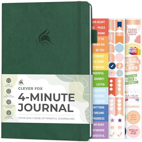 Clever Fox fyra minuters journal – daglig positivitetsdagbok med uppmaningar – motiverande bekräftelse, psykisk hälsa och vana tracker (skogsgrön)