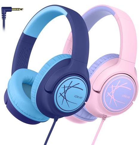 iClever Kopfhörer Kinder [2 Pack], Kinderkopfhörer mit Kabel 85dBA Sichere Lautstärke, Stereo Sound, Over Ear Faltbare 3.5 mm Jack Kinder Kopfhörer für iPad, Tablets, Schule, Reisen