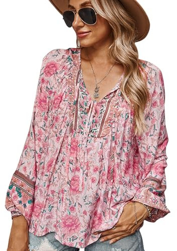 CNTSFS Bluse Damen Elegant Lässige Boho V-Ausschnitt Blumenmuster Lose Tunika Damen Langarm Sommer Strandhemden(Rosa M
