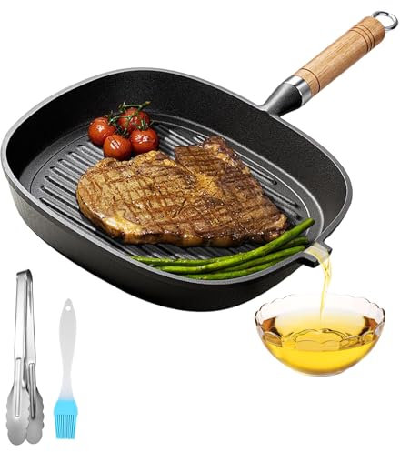 MEGYAD 21 * 21 cm Steakpfanne aus Gusseisen, Steakpfanne non-stick coated, mit Salatzange und Bürste, Grillpfanne Gusseisen ist für Alle Herdarten Einschließlich Induktion Geeignet