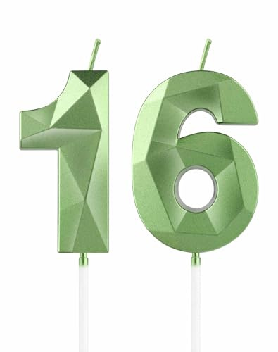 mciskin Green 16th Birthday Candles, 3D Number 16 Candles for Cake, Girls Boys 16th Birthday Decorations,Sage Green Candle Cake Topper Decorations for Birthday Party Weddings Anniversary Supplies