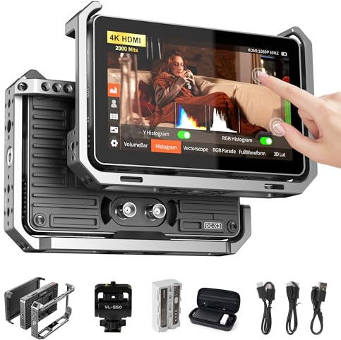 VILTROX DC-X3 2000 Nits SDI Kit Moniteur de terrain pour caméra avec cage, 4K HDMI Moniteur vidéo à écran tactile avec pare-soleil/batterie, 3D Lut 1920X1080 HD Full Waveform Focus Peaking VectorScope