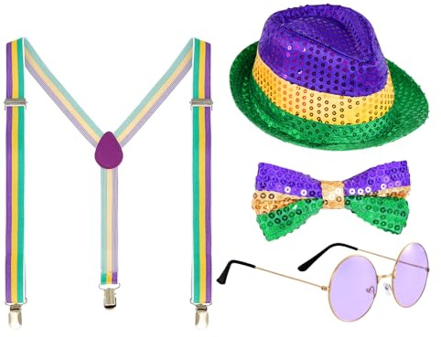 Sucrain 4PCS Mardi Gras Accessories Set Include Sequin Hat Sequin Bow Tie Sunglasses Suspenders for Men Costume Outfit Carnival Party