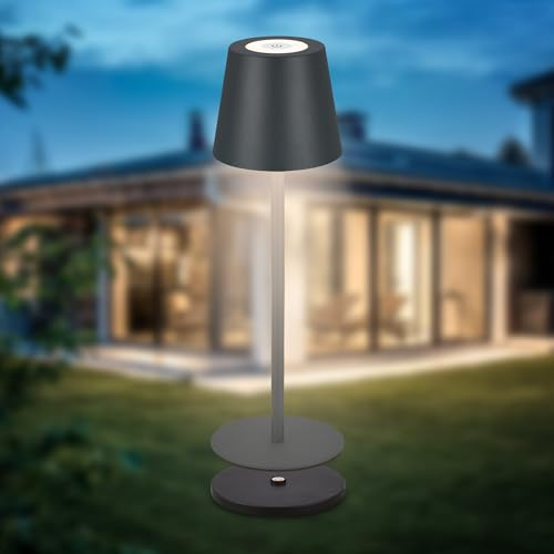 B.K.Licht - LED-bordslampa trådlös IP44 med laddningsstation, steglöst dimbar, batteri & ljuskälla utbytbara, sänglampa, dekorationslampa, LED-lampa, bordslampa, vardagsrum, 36x12 cm (HxD), antracit