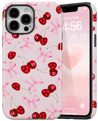 DEFBSC Case for iPhone 16 Pro Max, Cute Pink Bow Cherry Print Aesthetic Trendy Pattern for Women Girls Slim Durable Bumper Shockproof Hybrid Hard Back Phone Cover, Big Ribbon/Glossy