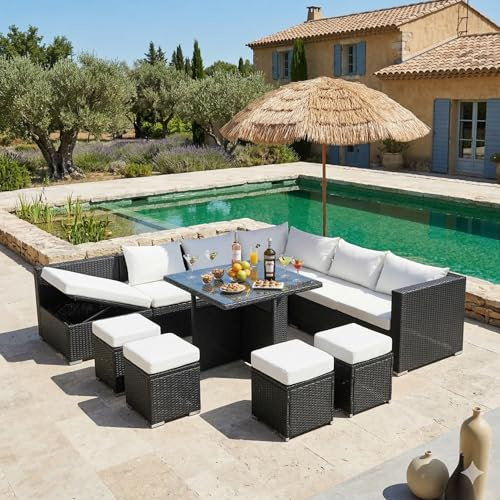 CONCEPT USINE | Salotto da Giardino Samoa a Incasso 10 Posti | Resina Intrecciata a 4 Fili Nero | Tavolo Alto in Vetro Temperato | Divano ad Angolo Reclinabile con Cassetto di Riordinamento | 4 Pouf e