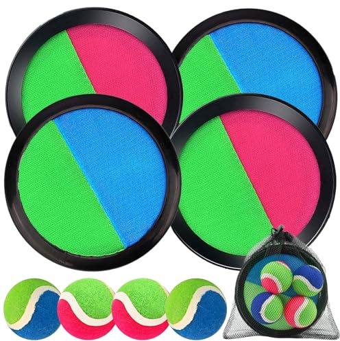 Lot de 4 balles Velcro avec 4 disques de capture et 4 balles, jouet d'extérieur pour enfants à partir de 3, 4, 5, 6, jeux de balle pour l'extérieur, les enfants, le jeu de scratch, jeu de lancer et de