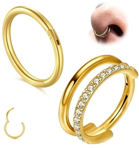 AVYRING Orecchini a cerchio doppio per helix/trago/conch, 16 G/18 G, con zirconi, in acciaio inox e placcato oro 14 carati (argento/oro), ipoallergenici per uomo e donna, Acciaio inossidabile