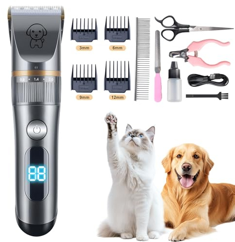 Anluomafuy Tondeuse Chien Professionnelle, Tondeuse Silencieuse pour Chiens sans Fil avec Ecran LED et 4 Peignes Limite, Lames en Céramique Amovibles, 12 Accessoires, IPX7 Étanche pour Chien/Chat