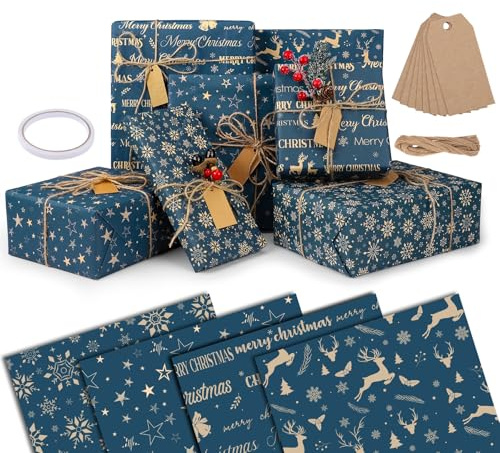 woric 8 hojas de papel de regalo de Navidad azul, 4 diseños de papel kraft más 10 etiquetas, cuerda de yute de 10 m, 1 cinta de doble cara para envolver regalos, Navidad, decoración de fiesta de