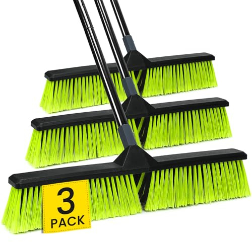3 PK 24 Push Broom Outdoor, Heavy Duty Broom with 63 Long Handle, Shop Garage Broom with Stiff Bristle for Indoor Outdoor Floor Cleaning, Garden Patio Deck Warehouse Lawn Driveway Scrubbing