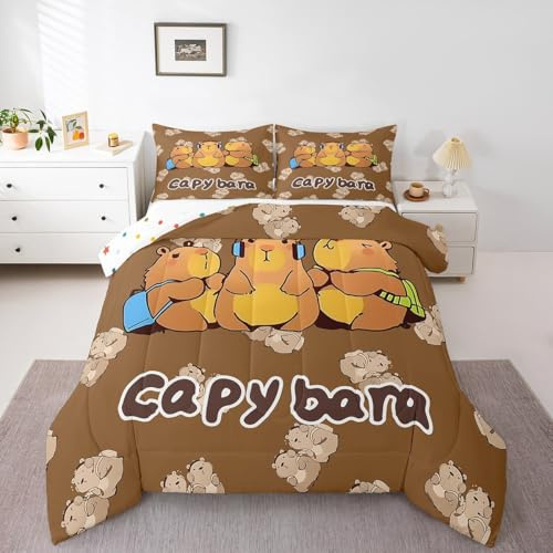Erosebridal Kawaii Capybara Comforter Set, Cute Beaver Bed Sets Twin, Cartoon Rodents Animals Print Down Comforter for Kids Girls Boys Natural Wild Safari Theme Wild Animals Print Duvet Insert, Brown