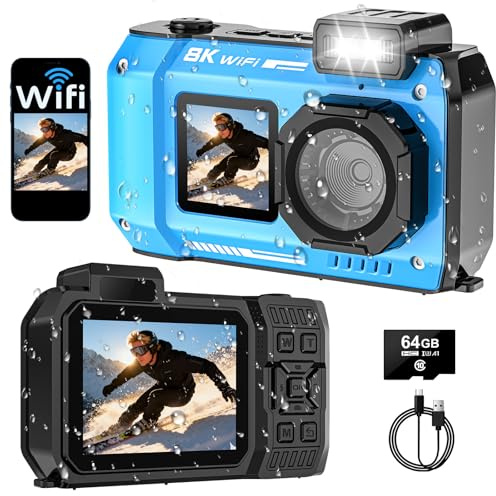 SPUNALP UHD 8K Underwater Camera, 70MP 33FT WiFi Waterproof Digital Camera with 64GB Card, Auto Focus Waterproof Dual-Screen Selfie 2500mAh Battery, 18X Floatable Digital for Snorkeling, Blue