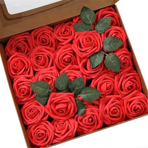 25 rose artificiali in schiuma con steli per decorazioni di nozze, artigianato fai da te e uso domestico, steli floreali in schiuma morbida per progetti creativi (rosso)