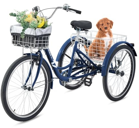 VIRIBUS Tricycle for Adults, 7 Speed Adult Tricycles for Men Seniors with Front and Rear Removable Wheeled Baskets, Three Wheel Bikes 24 inch 400 lb. Capacity for Obese People, Navy Blue