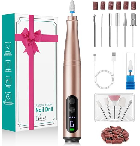 Fofile Torno para Uñas Profesional 12 en 1 Portátil Lima de Uñas Eléctrica Recargable 20000 RPM con 9 Velocidades, Bajo Ruido, Kit Manicura Pedicura para Uñas de Gel, Acrílicas y Naturales - Oro