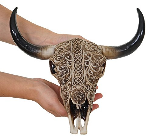 Mendler Deko Schädel 31cm HWC-C15, Polyresin Stier Bulle Longhorn Kopf Trophäe mit Tribal, In-/Outdoor