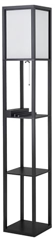 HOMCOM Lampada da Terra Moderna, Lampadina Illuminazione Interna Salvaspazio con Ripiani da Soggiorno Cotone, MDF 26 x 26 x 160 cm Nero e Bianco