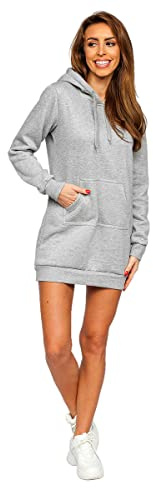 BOLF Femme Sweat Long ? Capuche ? la Mode Hoodie Robe Sweat-Shirt ? Manches Longues Automne Hiver en Coton Couleur Unie Poche Kangourou YS10003 Gris S [A1A]