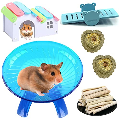 Hamiledyi Hamsters Flying Saucer Silent Mouse Wheel Small Gerbil Running Exercise Toy Kit with Rainbow House Seesaw Grass Cake Sweet Bamboo Snacks for Dwarf Mice 10 Pcs