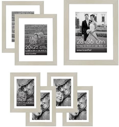 Americanflat Set de 7 Marcos de Fotos Collage - 1 de 28x36 cm, 2 de 20x25 cm y 4 de 13x18 cm - Para Pared, Madera Clara - Hogar, Oficina, Galería