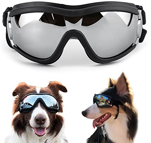 Dog Goggles Medium Large Breed, Dog Glasses Sun Protection Windproof Waterproof Dustproof, Pet Glasses Anti-Broken Anti-Fog with Adjustable Strap for Driving Motorcycle Swimming Surfing
