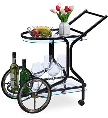 Relaxdays Servierwagen, Küchenwagen mit 2 Ablagen, HBT: 76 x 46 x 82 cm, Glas & Eisen, Beistellwagen auf Rollen, schwarz