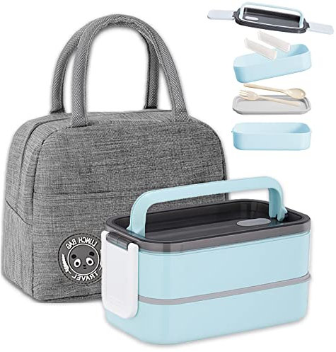 Haoh Bento Lunch Box Kit,1400 ml Double Couche Hermétique Boite Repas avec Couverts et Sac Isotherme, pour Pique-Nique, Travail, Goûter, Bento Box pour Micro Ondes(Bleu