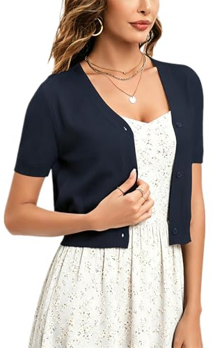 Yukiuiny Cardigan Corto Elegante Chiusura a Bottoni Donna Cappoto Primavera Estate Coprispalle Bolero per Sposa-Maniche Corte-Blu Marino/L