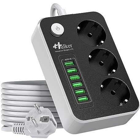 5M Steckdosenleiste mit USB, Hulker 3-Fach Steckdosen und 6 USB-Anschlüssen (5V/3.4A) Mehrfachsteckdose mit Schalter und Kindersicherung 5 Meter Verlängerungskabe für Zuhause Büro 10A/2500W