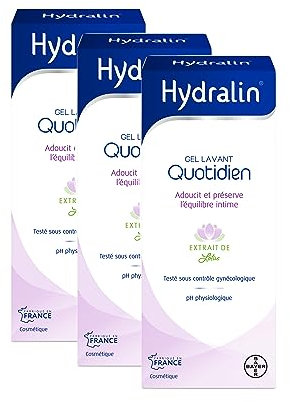 Hydralin Quotidien Gel lavant intime quotidien - Cosmétique - Adoucit et préserve l'équilibre intime - Extrait de lotus - Testé sous contrôle gynécologique - pH physiologique- 3x200ml