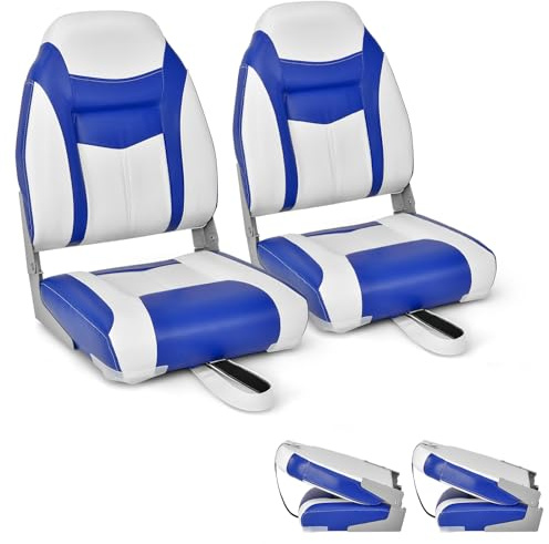 COSTWAY Foldable Boat Chairs, Low/High Back Fishing Seat with 10cm/15cm Thick Cushion, Long Fixation Strap and Ergonomic Backrest (High Back, 10cm Thich Cushion, Blue, 2 Pcs)