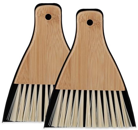 Relaxdays Tischkehrset 2 Stück, Tischbesen & Kehrschaufel, für Küche & Camping, magnetisch, Metall/Bambus, schwarz/Natur