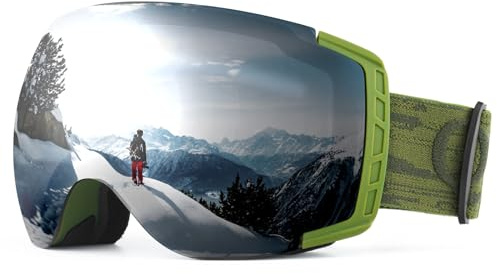 Qunature Lunettes Ski Neige OTG Homme Femme Anti-Buée Visière HD Sphérique Protection UV400 Masque Sans Cadre Motoneige Snowboard Respirant Compatible avec Casque Grand Vision Hiver Vert