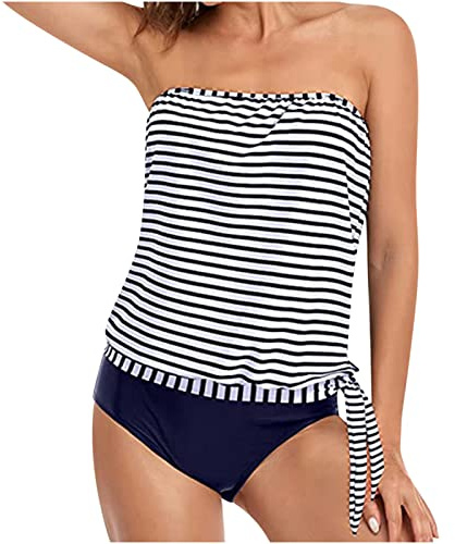 Two Piece Swimming Costume Women Bandeau Swimsuits Loose Fit Swim Tank Top with Shorts Swimwear Womens Bandeau Blouson Tankini Tops High Waisted Bikini Bottoms Two Piece Bathing Suits Tankini Sets
