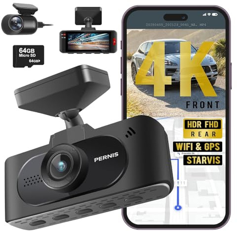 PERNIS 4K Dash Cam Front and Rear, STARVIS Sensor, Free Card Included, 2.4GHz WiFi Dual Dash Camera for Cars, Built-in GPS, Night Vision, G-Sensor, Emergency Lock, 3.16'' IPS, Parking Mode