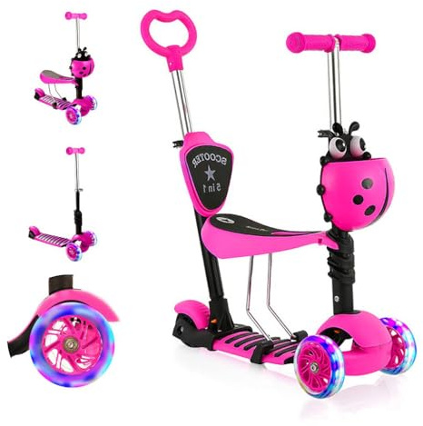 Kinder Roller mit abnehmbarem Sitz, blinkende LED-Räder, höhenverstellbarer 3-Rad-Tretroller mit Schiebegriff für Kleinkinder, Jungen und Mädchen ab 2 Jahren, Rosa