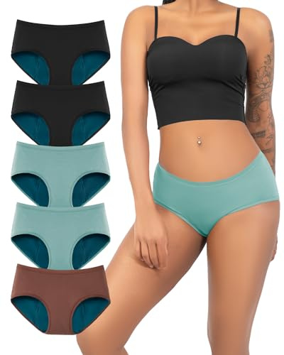 TIICHOO Periodenunterschwäsche Starke Blutung Weich Perioden Unterwäsche Damen Periodenslip 5er Pack(L, 2Türkisblau/2Schwarz/Braun)