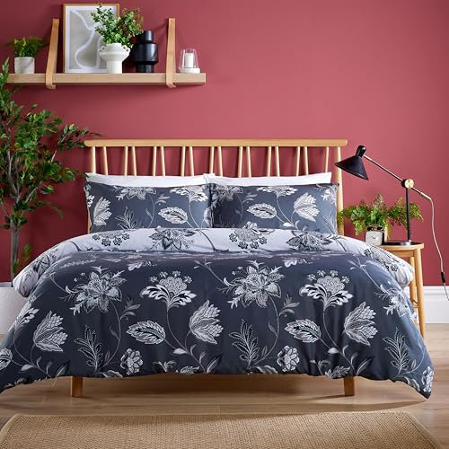 Olivia Rocco Shimla Duvet Cover Set Easy Care Quilt Covers with Pillowcases Super Soft Reversible Bedding Bed Linen Sets, Grey Double