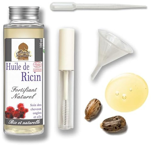Kit Mascara – Huile de Ricin 100ml + Pipette applicatrice, flacon avec brosse, entonnoir - Cheveux, cils et ongle – 100% BIO Certifié par Ecocert – Pressée à froid.