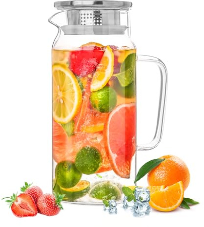 Glass Pitcher with Lid,2 Quart 1500ml Leak Proof,Glass Water Jugs, BPA-Free,Microwave & Dishwasher Safe Pitcher,Sun & Iced Tea, Sangria,Cold Brew Coffee & More