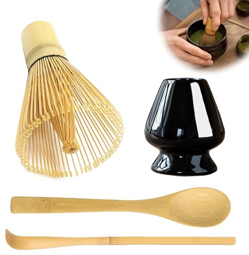 Lot de 4 balais à matcha en bambou, cuillère en bambou, support pour fouet, accessoires pour la cérémonie du thé, pour la maison, le bureau et le salon de thé, noir